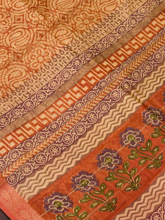 Orangish Peach Silk Cotton Chanderi Maheshwari Banarasi Block Print Saree Designer Zari Border