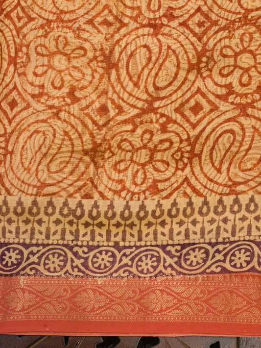 Pure Silk Cotton Chanderi Orangish Peach Banarasi Hand Block Print, Reshmi Zari Maheshwari Border - close-up of - ZARISPIRE