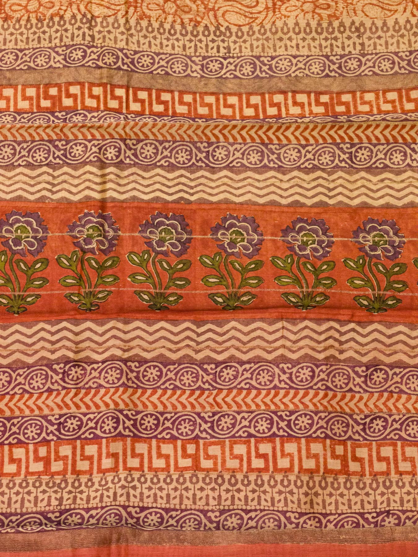 Orangish Peach Silk Cotton Chanderi Maheshwari Banarasi Block Print Saree Designer Zari Border