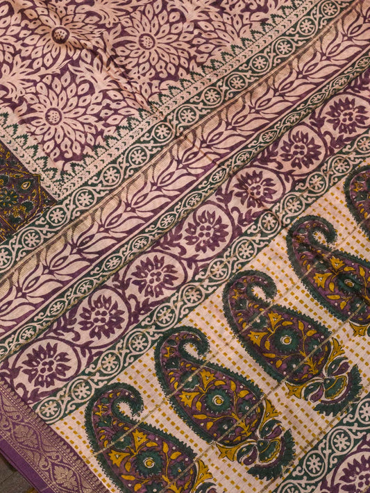 Lavandar Purple Silk Cotton Chanderi Maheshwari Banarasi Block Print Saree Designer Zari Border