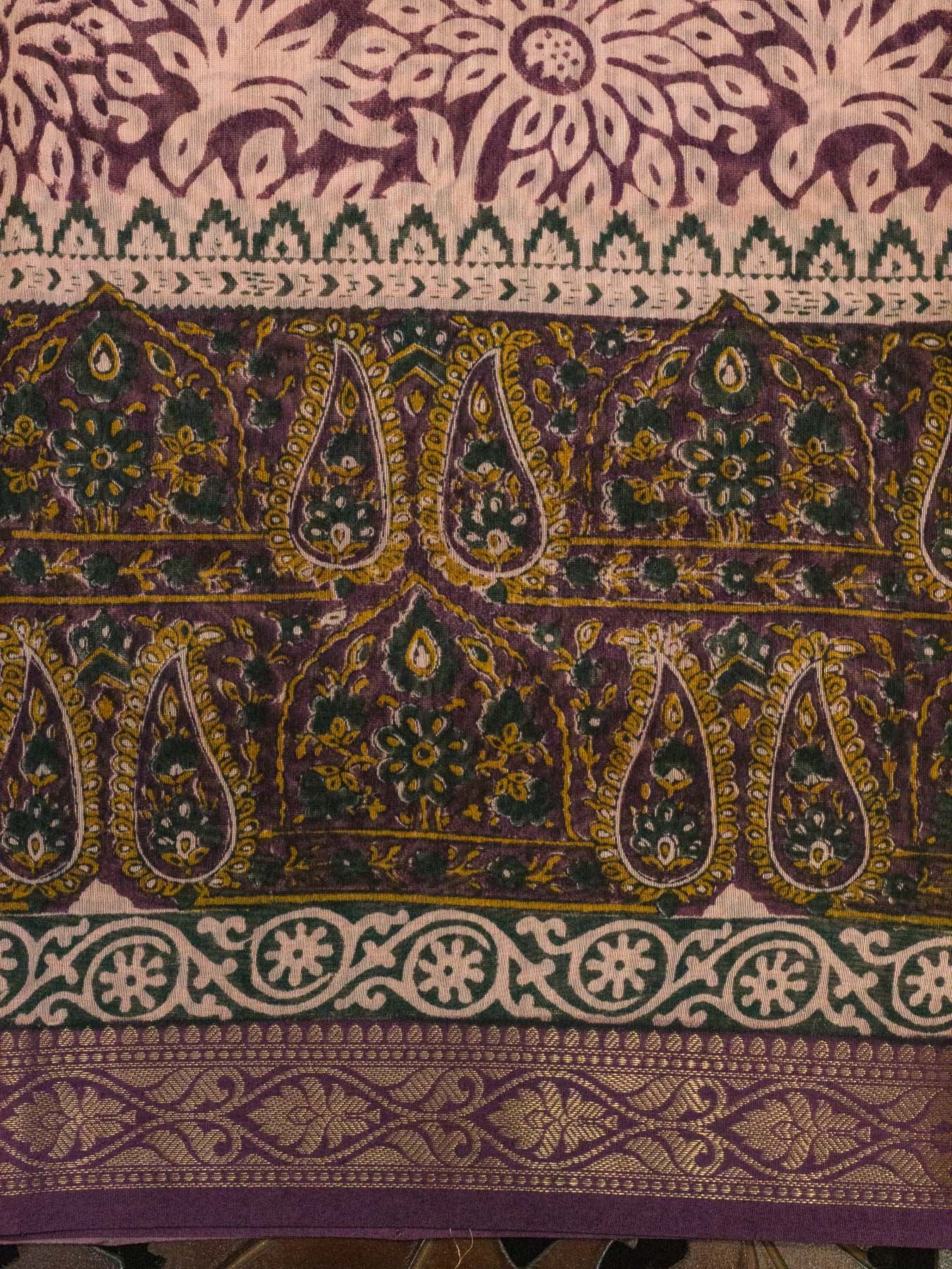 Lavandar Purple Silk Cotton Chanderi Maheshwari Banarasi Block Print Saree Designer Zari Border