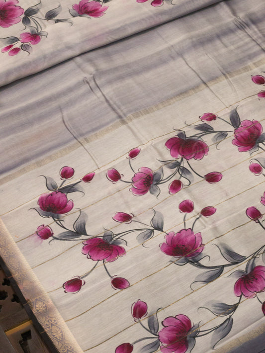 Grey Pure Silk Cotton Chanderi Maheshwari Saree Hand Brush Painted