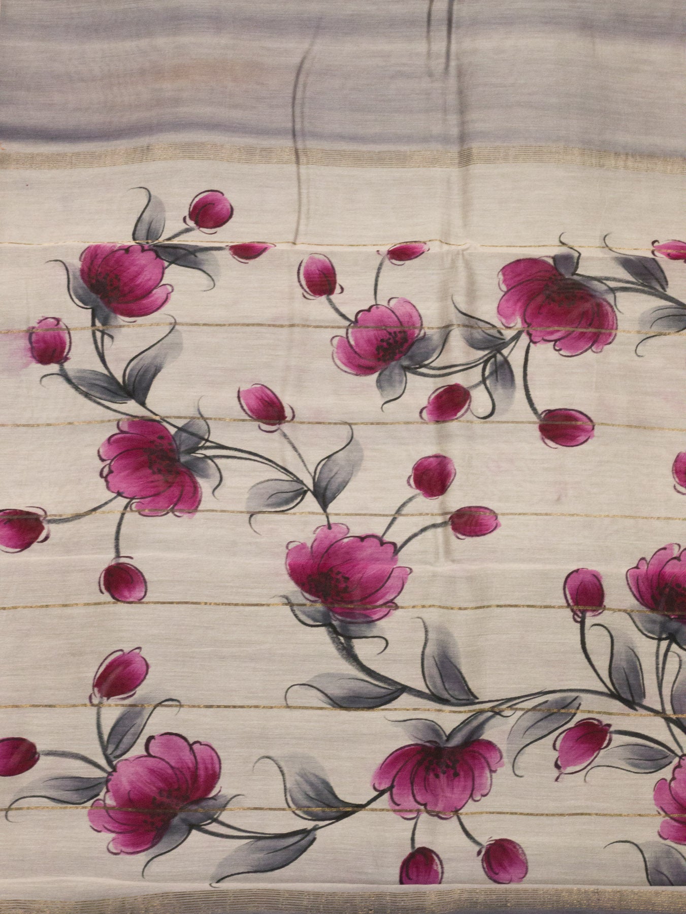 Grey Pure Silk Cotton Chanderi Maheshwari Saree Hand Brush Painted