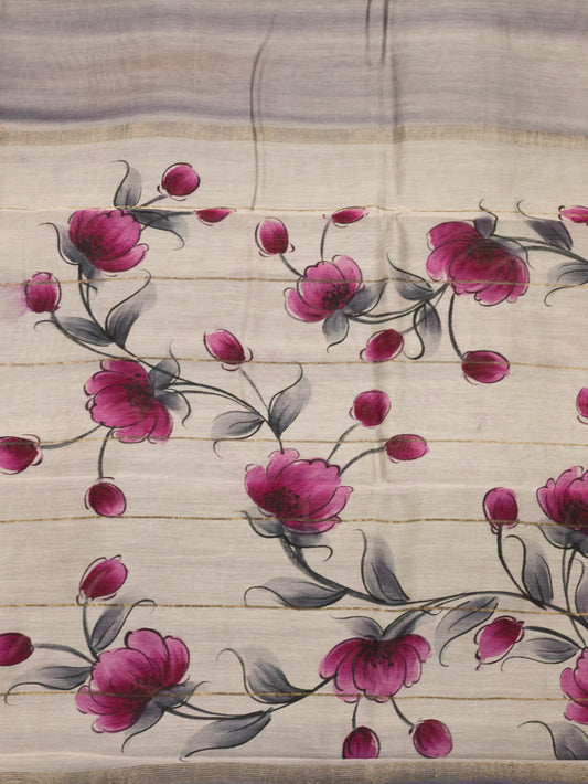 Pure Pure Silk Cotton Chanderi Grey Banarasi Hand Brush Painted Maheshwari Border - close-up - ZARISPIRE