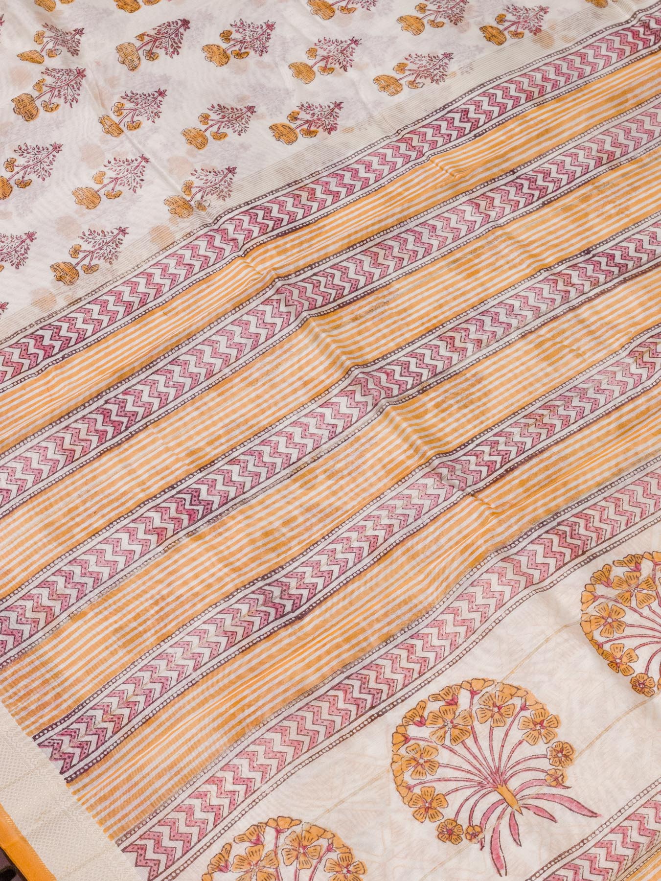 White Silk Cotton Chanderi Maheshwari Banarasi Block Print Saree Designer Zari Border