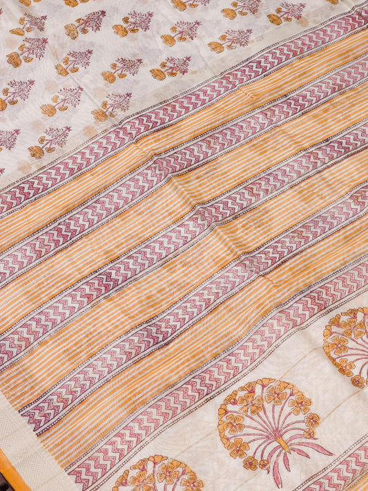 White Silk Cotton Chanderi Maheshwari Banarasi Block Print Saree Designer Zari Border
