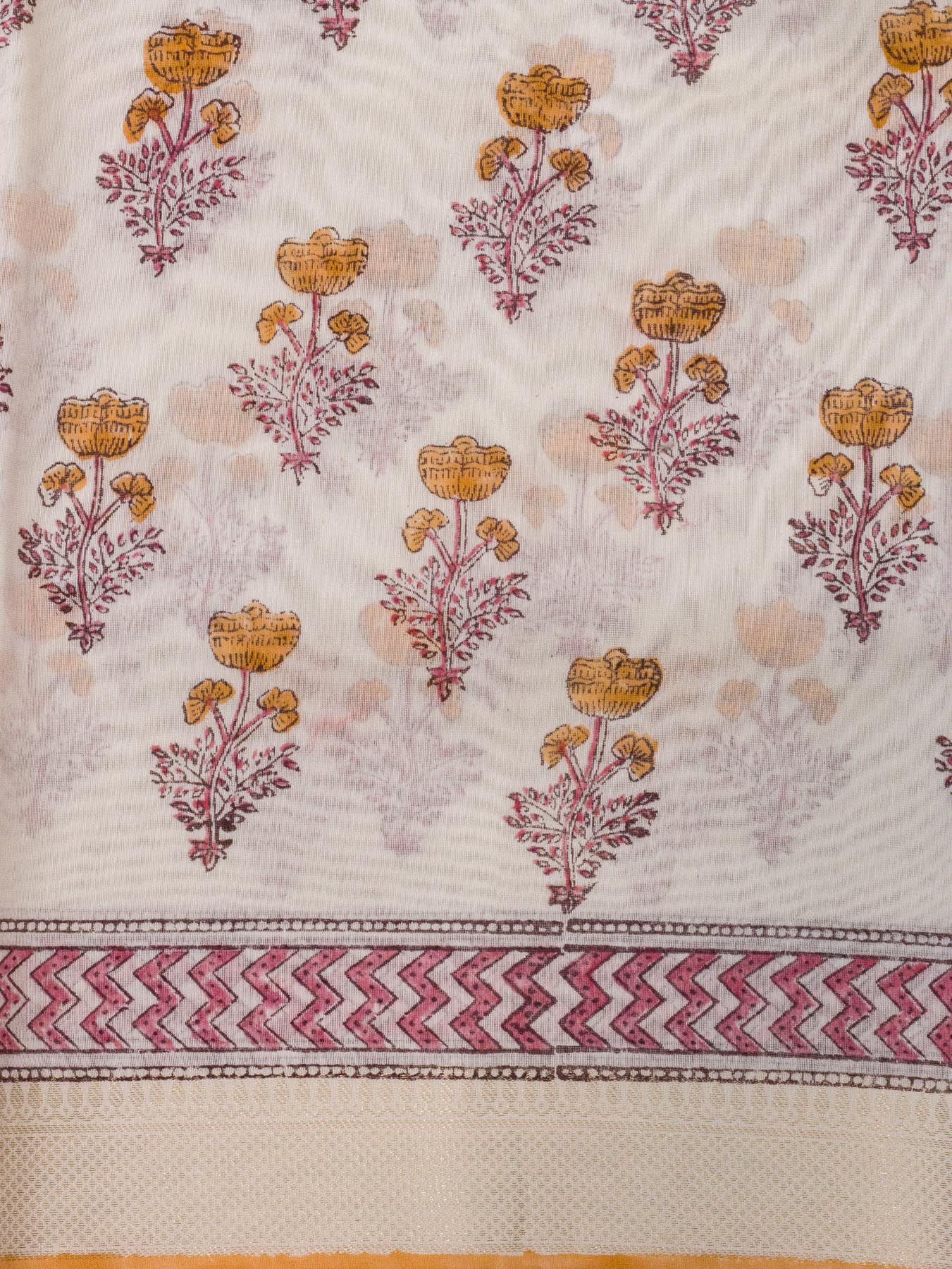 White Silk Cotton Chanderi Maheshwari Banarasi Block Print Saree Designer Zari Border