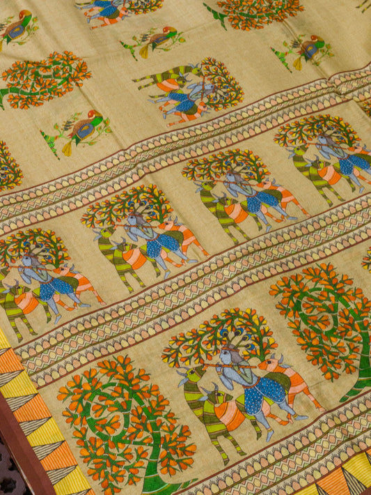 Tussar Pure Silk Pure Silk Mul Cotton Chanderi Saree with Intricate Digital Print