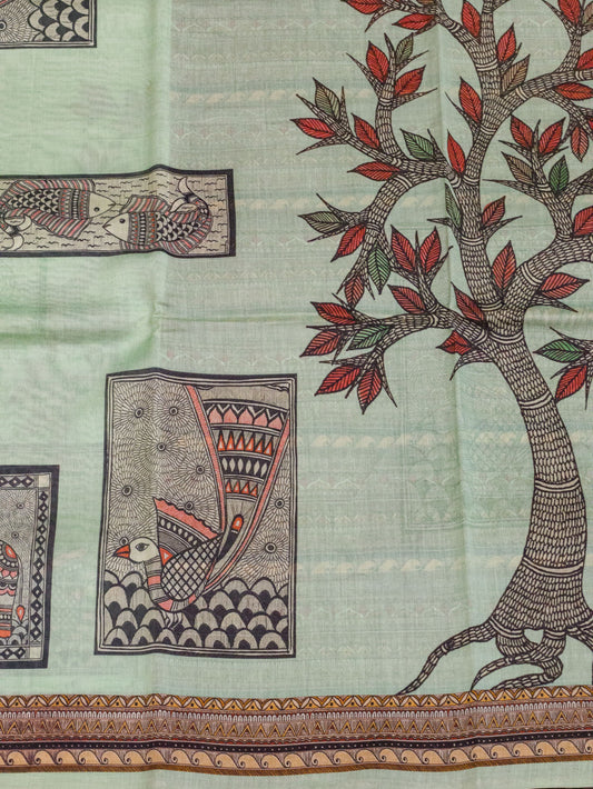 Pure Mul Cotton Blended With Pure Silk Light Sea Blue Chanderi Saree with Intricate Digital Print - tree design - ZARISPIRE