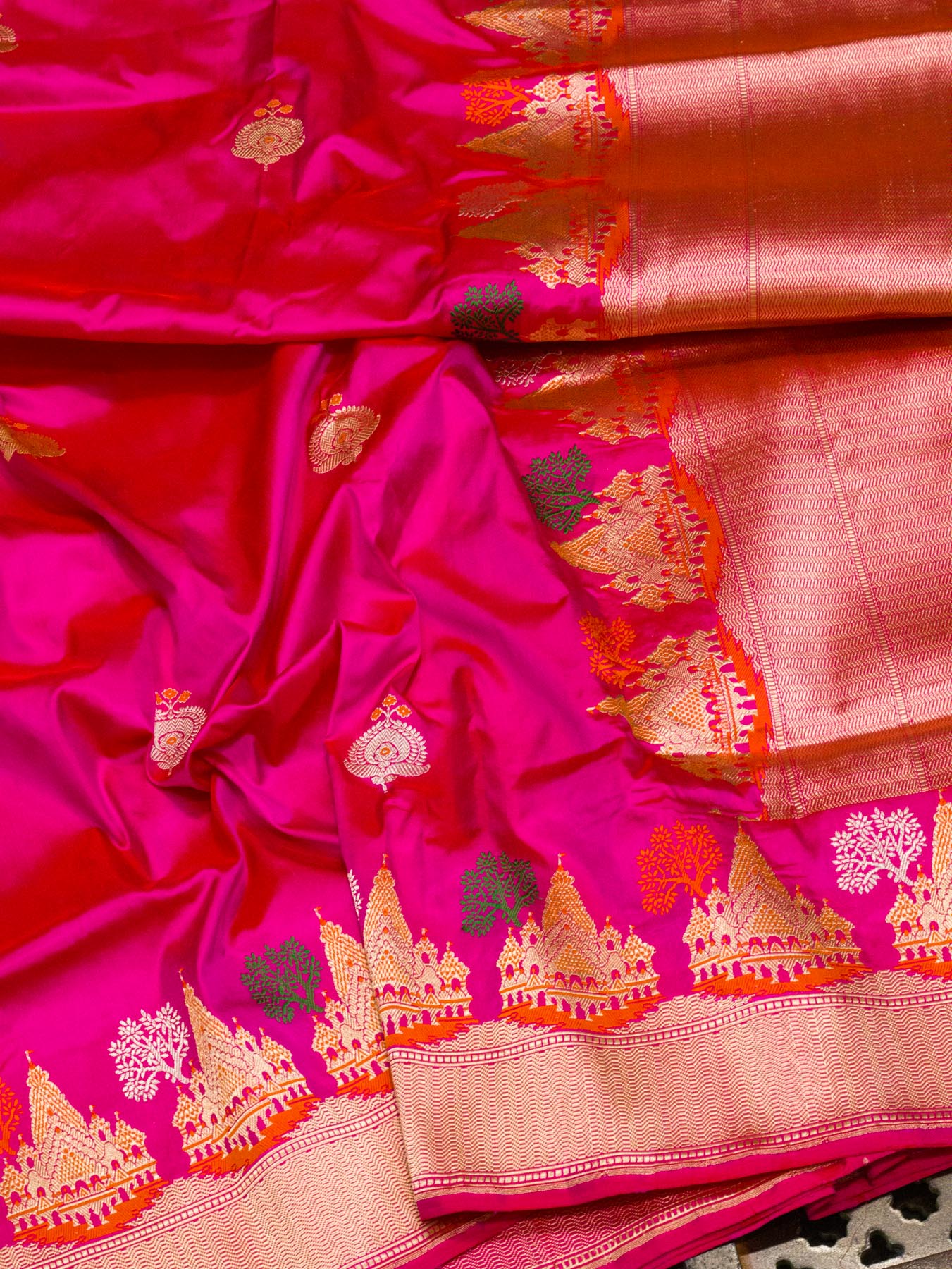 Rani Pink Ayodhya Dham Handloom Pure Katan Silk Saree with Kadhwa Shri Ram Mandir Tilfi Meenakari Border