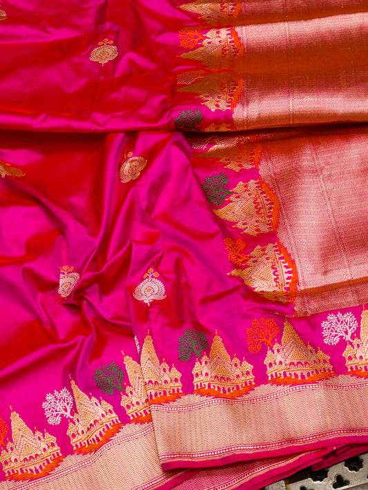 Rani Pink Ayodhya Dham Handloom Pure Katan Silk Saree with Kadhwa Shri Ram Mandir Tilfi Meenakari Border