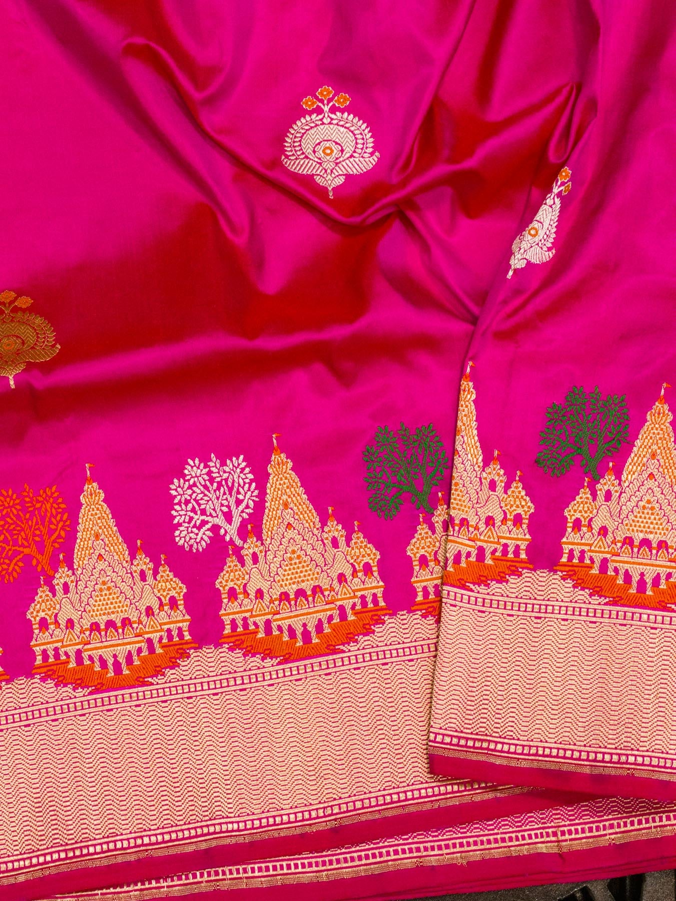 Rani Pink Ayodhya Dham Handloom Pure Katan Silk Saree with Kadhwa Shri Ram Mandir Tilfi Meenakari Border