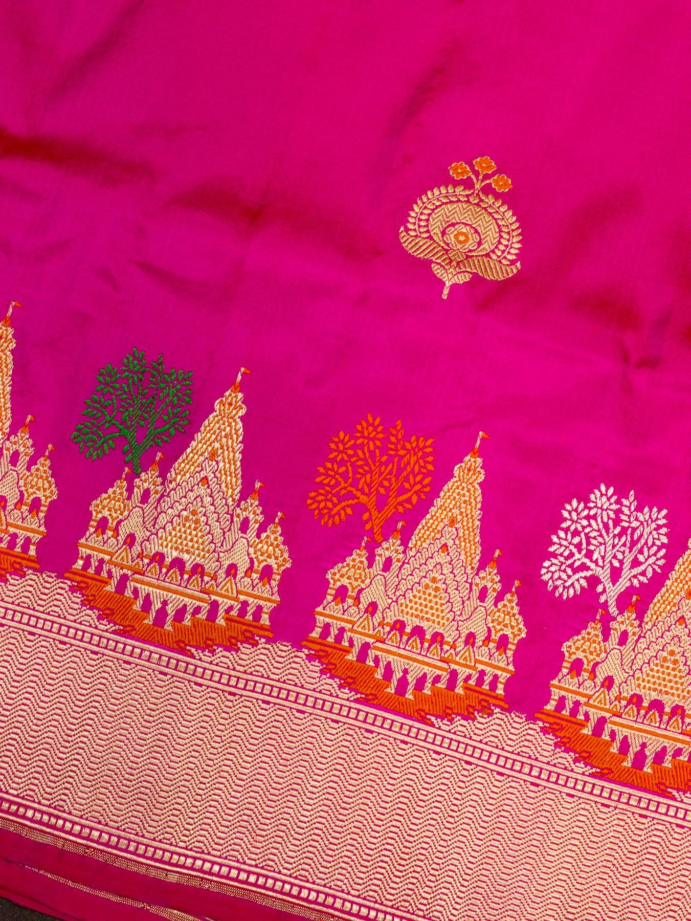 Rani Pink Ayodhya Dham Handloom Pure Katan Silk Saree with Kadhwa Shri Ram Mandir Tilfi Meenakari Border