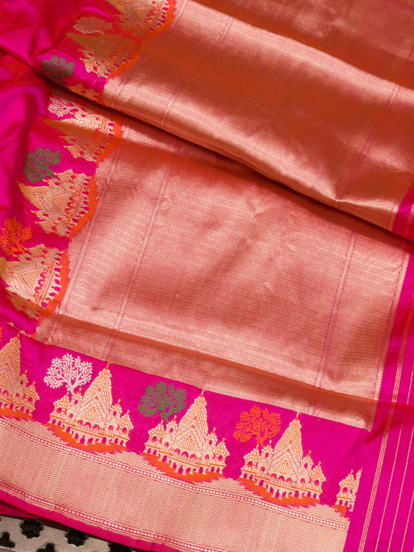Rani Pink Ayodhya Dham Handloom Pure Katan Silk Saree with Kadhwa Shri Ram Mandir Tilfi Meenakari Border