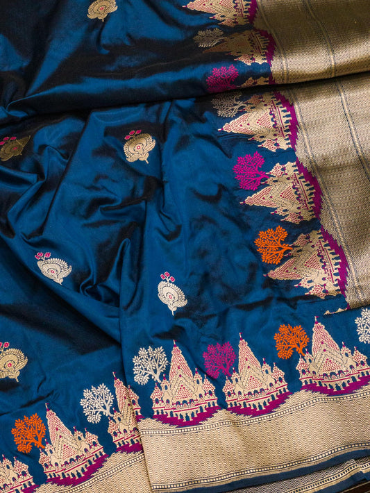German Blue Ayodhya Dham Handloom Pure Katan Silk Saree with Kadhwa Shri Ram Mandir Tilfi Meenakari Border