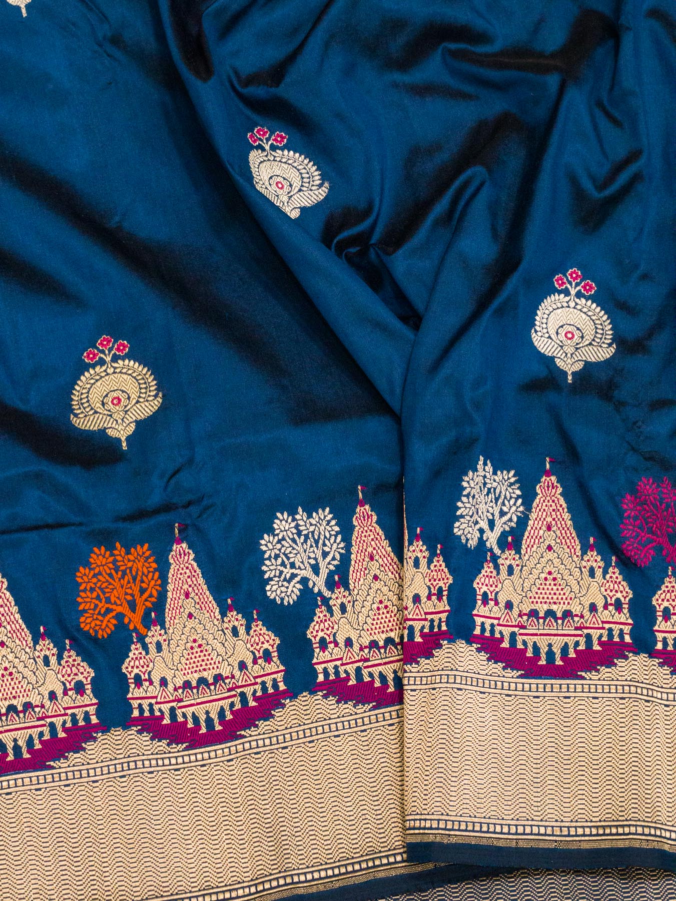 German Blue Ayodhya Dham Handloom Pure Katan Silk Saree with Kadhwa Shri Ram Mandir Tilfi Meenakari Border
