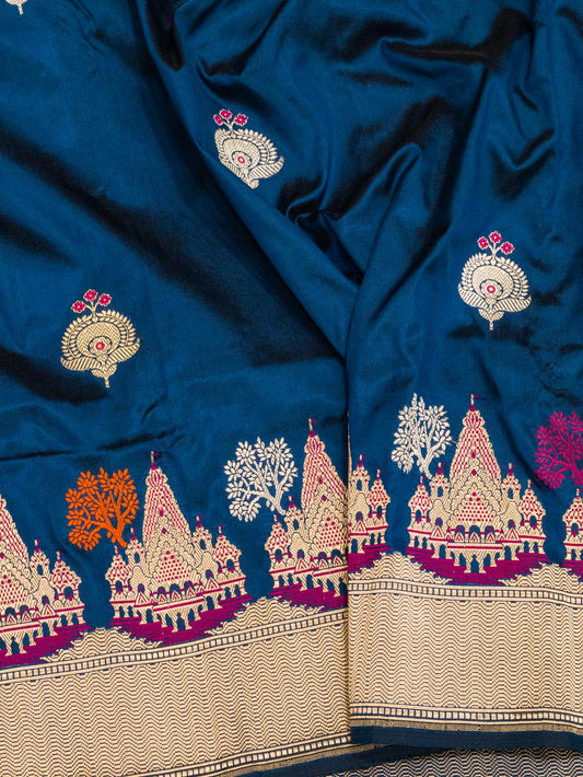 German Blue Ayodhya Dham Handloom Pure Katan Silk Saree with Kadhwa Shri Ram Mandir Tilfi Meenakari Border
