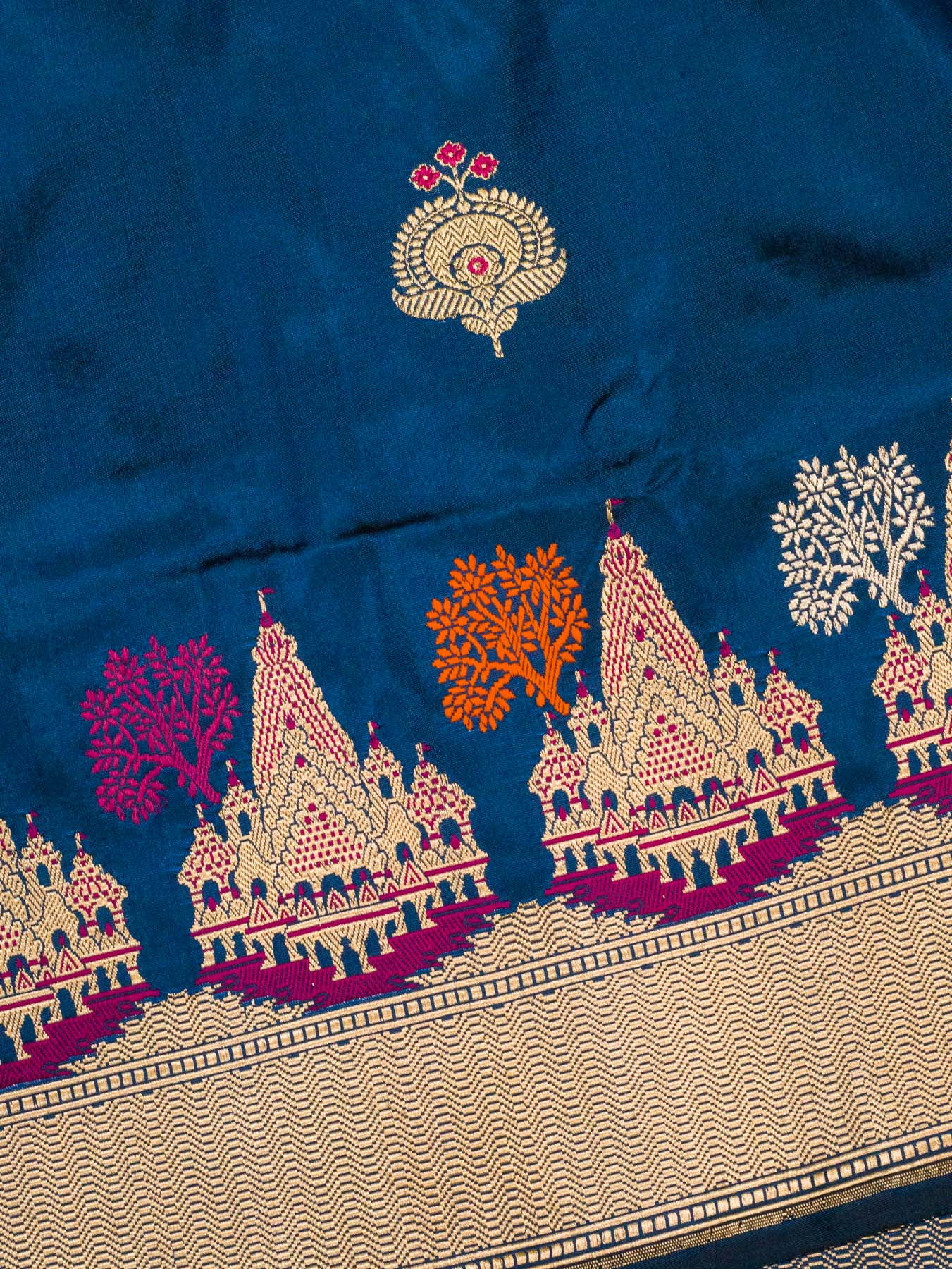 German Blue Ayodhya Dham Handloom Pure Katan Silk Saree with Kadhwa Shri Ram Mandir Tilfi Meenakari Border