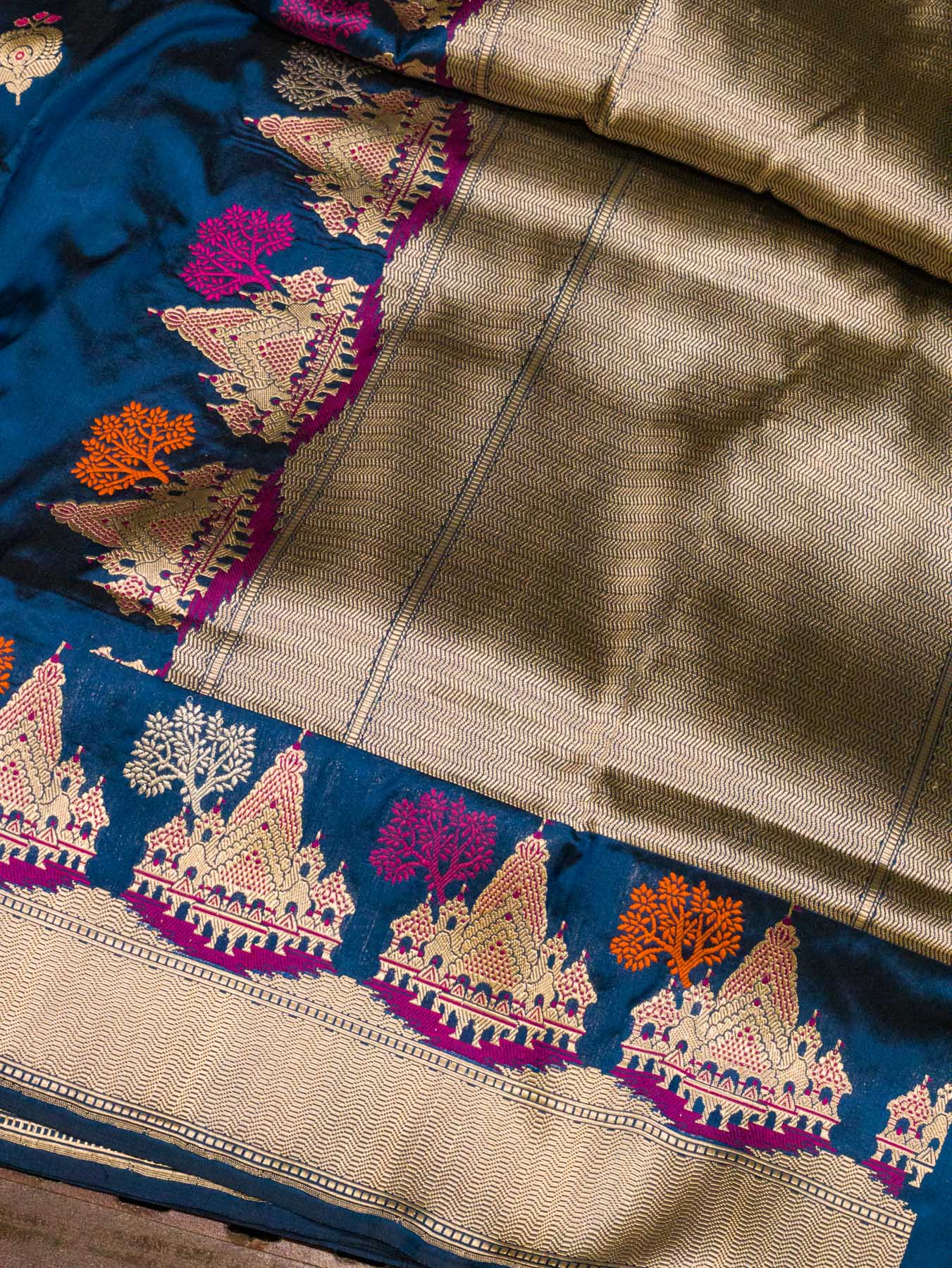 German Blue Ayodhya Dham Handloom Pure Katan Silk Saree with Kadhwa Shri Ram Mandir Tilfi Meenakari Border