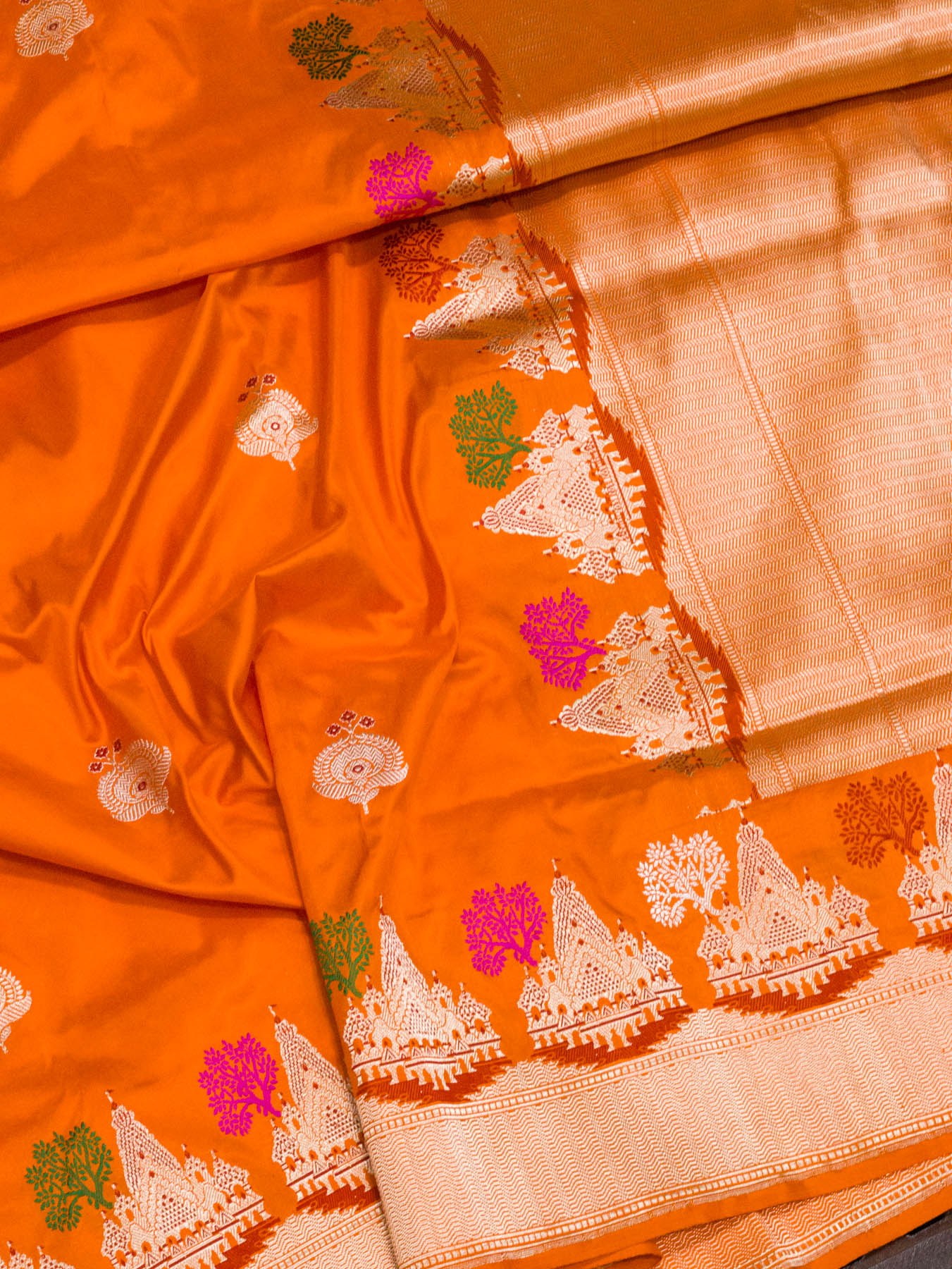 Saffron Orange Ayodhya Dham Handloom Pure Katan Silk Saree with Kadhwa Shri Ram Mandir Tilfi Meenakari Border