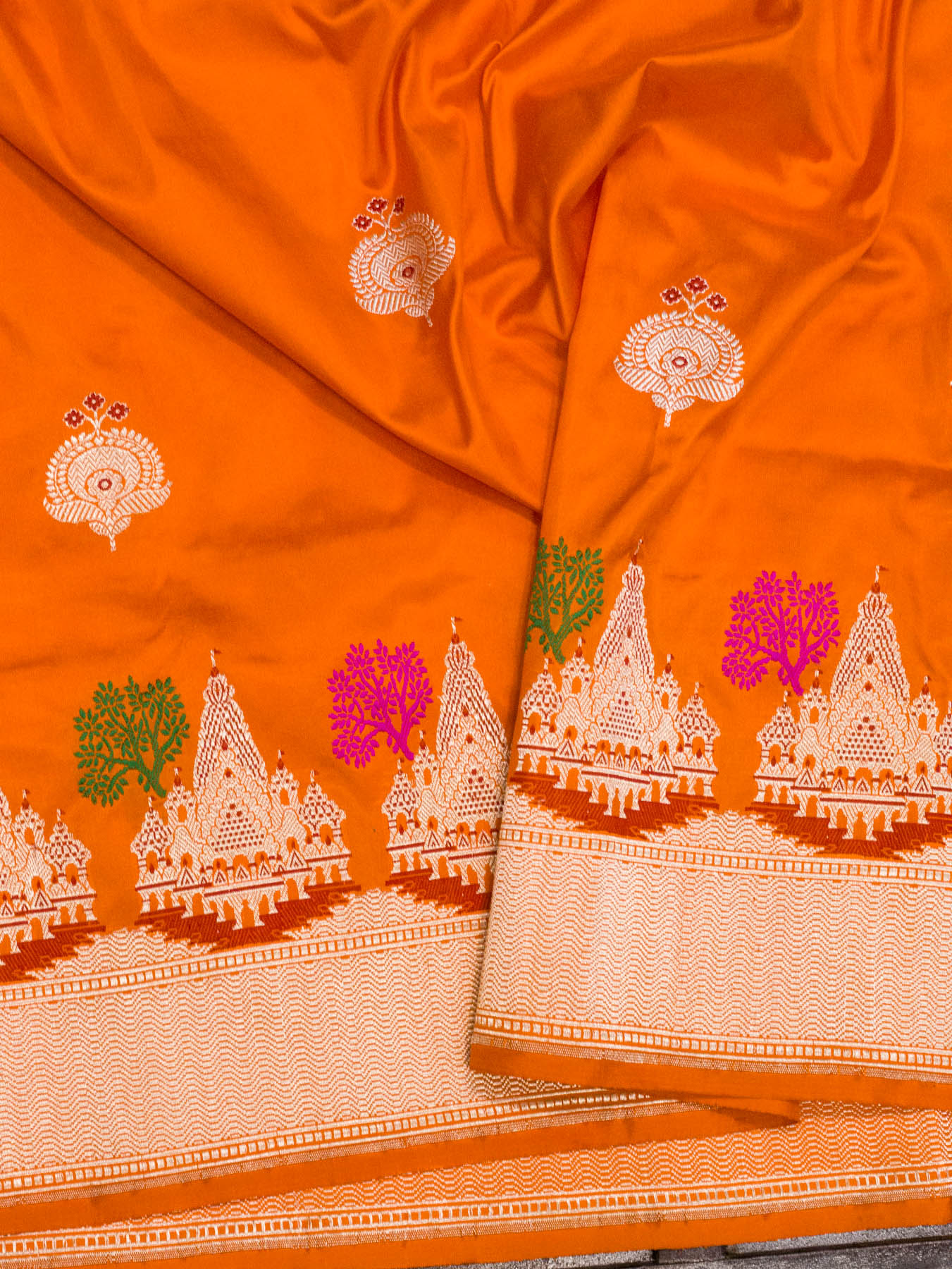 Saffron Orange Ayodhya Dham Handloom Pure Katan Silk Saree with Kadhwa Shri Ram Mandir Tilfi Meenakari Border