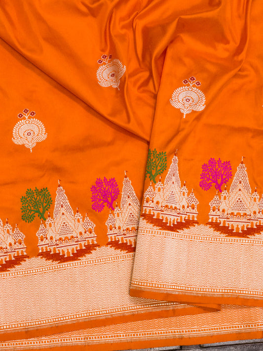 Saffron Orange Ayodhya Dham Handloom Pure Katan Silk Saree with Kadhwa Shri Ram Mandir Tilfi Meenakari Border