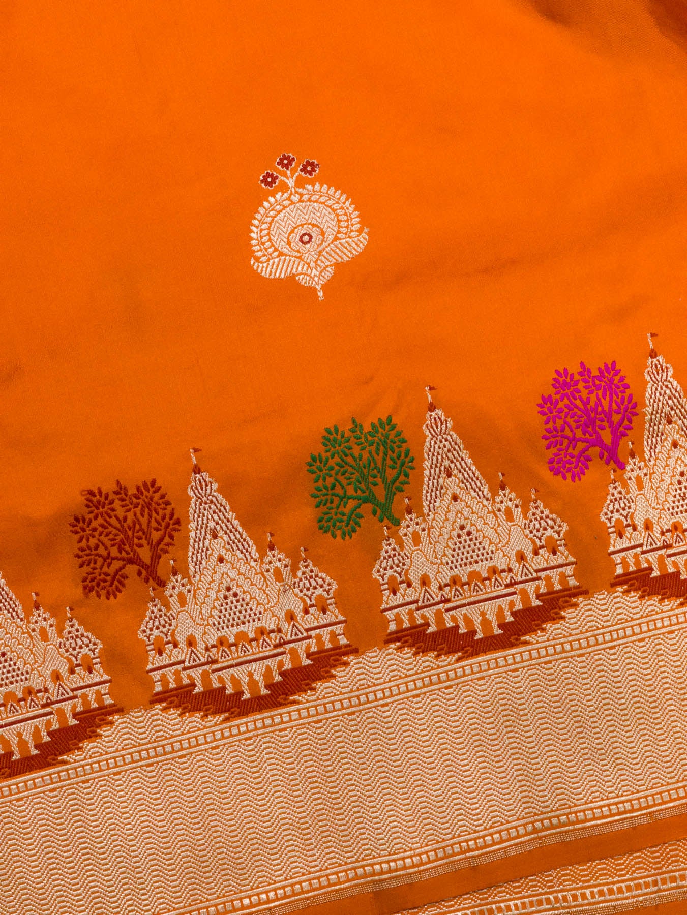 Saffron Orange Ayodhya Dham Handloom Pure Katan Silk Saree with Kadhwa Shri Ram Mandir Tilfi Meenakari Border