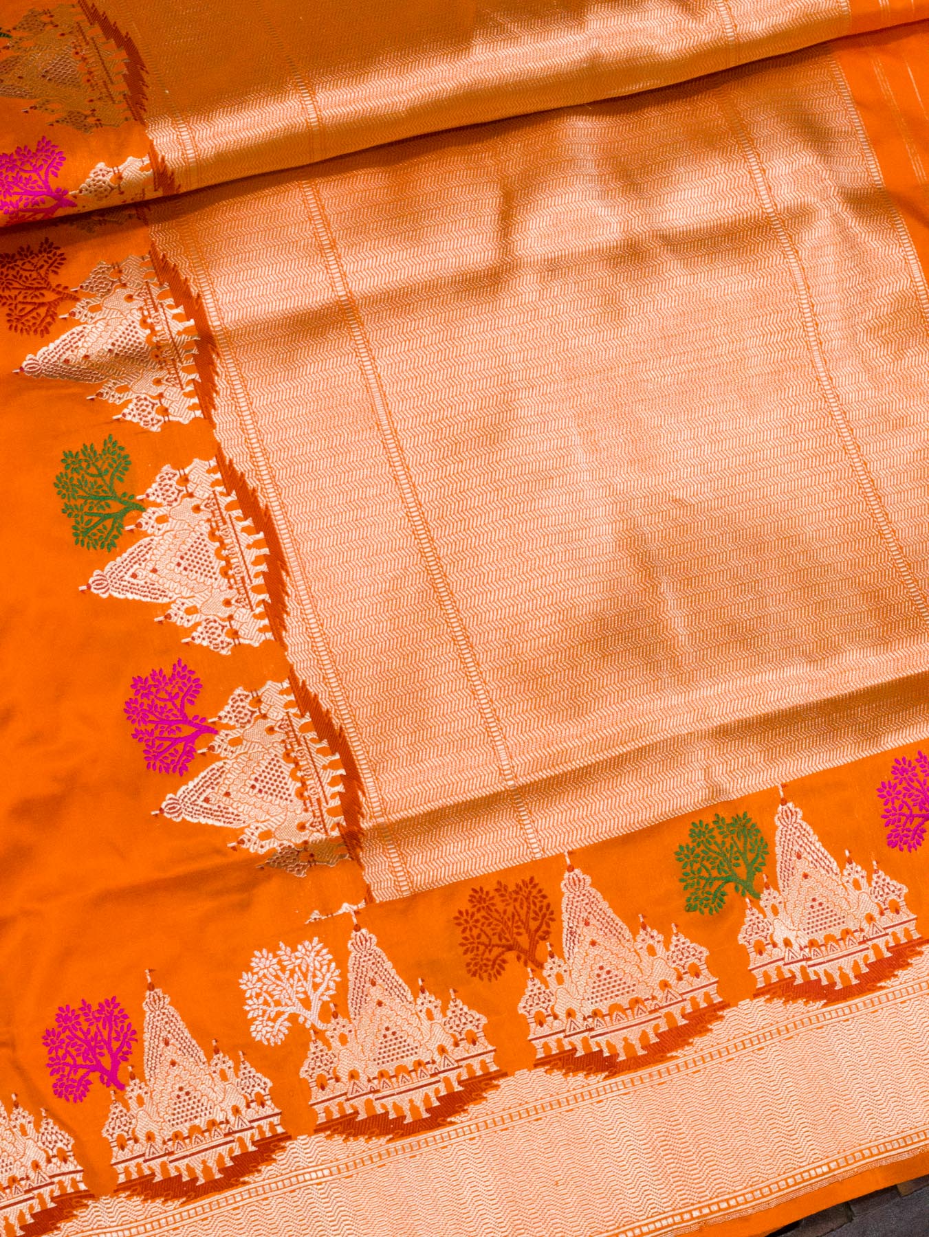 Saffron Orange Ayodhya Dham Handloom Pure Katan Silk Saree with Kadhwa Shri Ram Mandir Tilfi Meenakari Border