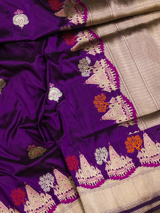 Magenta Purple Ayodhya Dham Handloom Pure Katan Silk Saree with Kadhwa Shri Ram Mandir Tilfi Meenakari Border