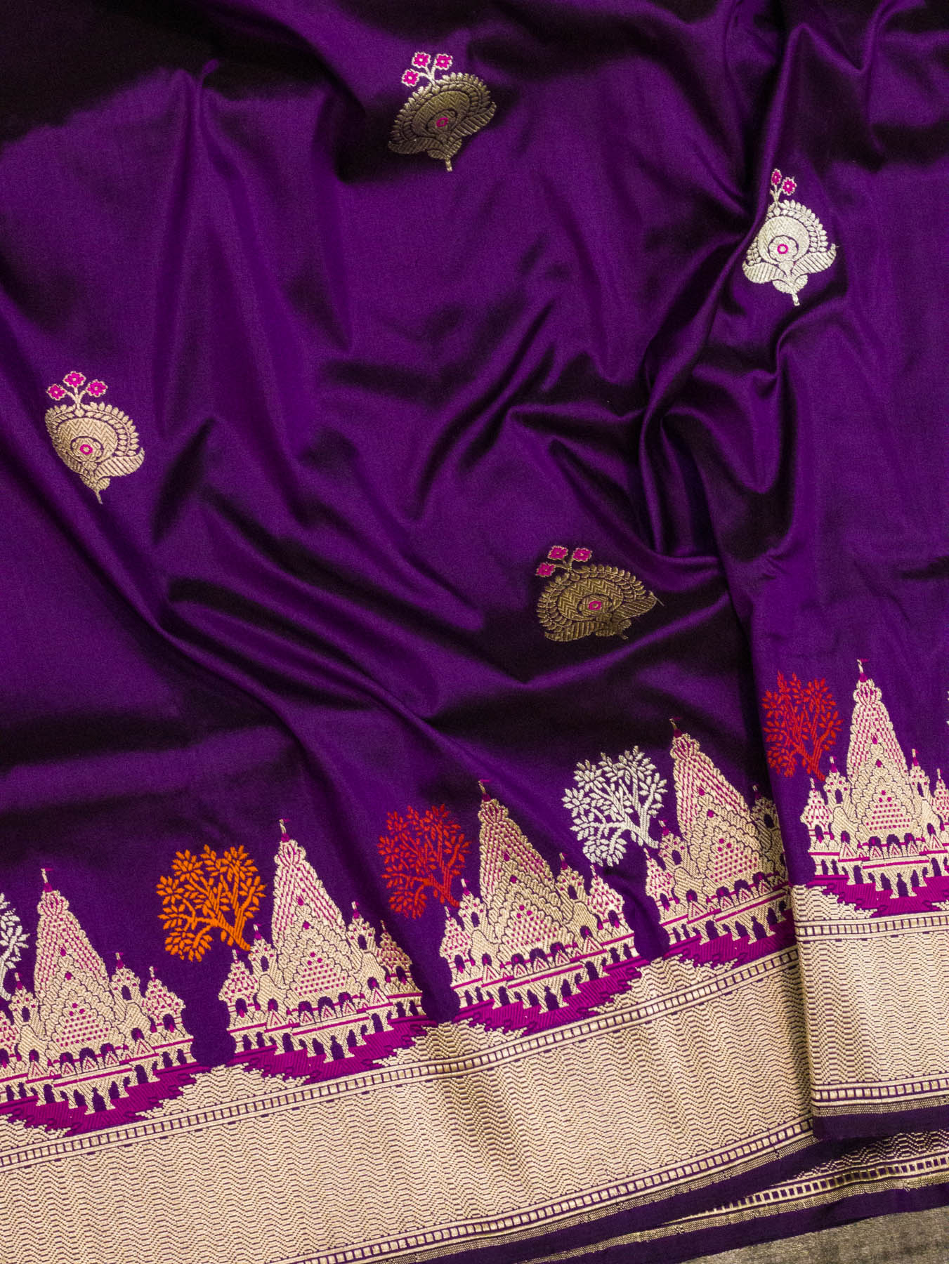 Magenta Purple Ayodhya Dham Handloom Pure Katan Silk Saree with Kadhwa Shri Ram Mandir Tilfi Meenakari Border