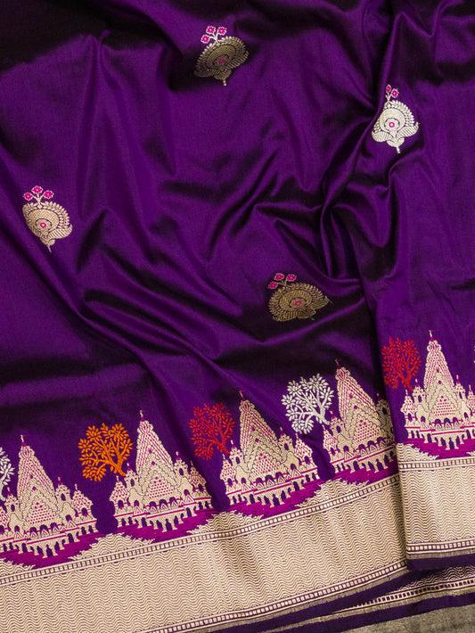 Magenta Purple Ayodhya Dham Handloom Pure Katan Silk Saree with Kadhwa Shri Ram Mandir Tilfi Meenakari Border