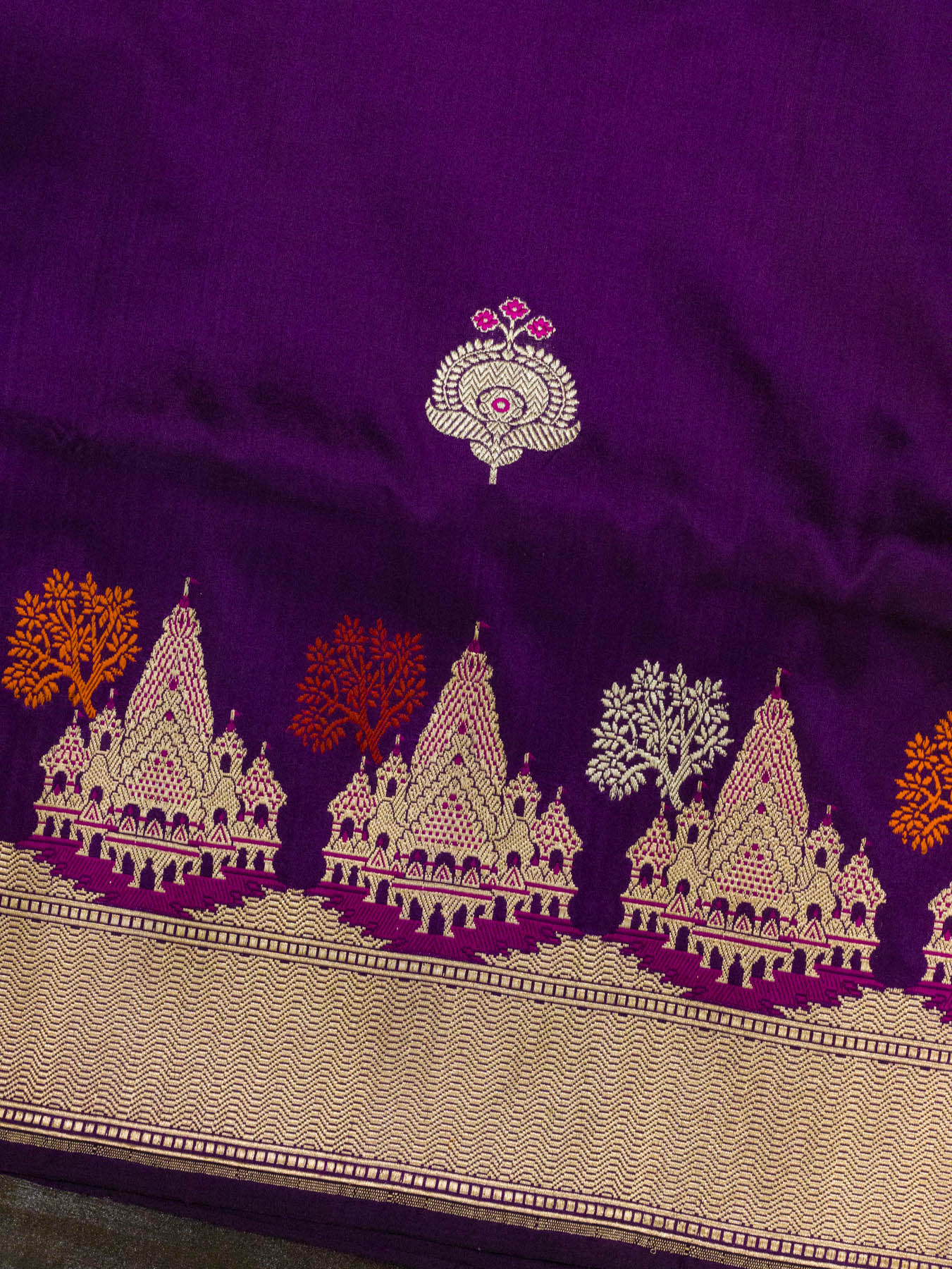 Magenta Purple Ayodhya Dham Handloom Pure Katan Silk Saree with Kadhwa Shri Ram Mandir Tilfi Meenakari Border