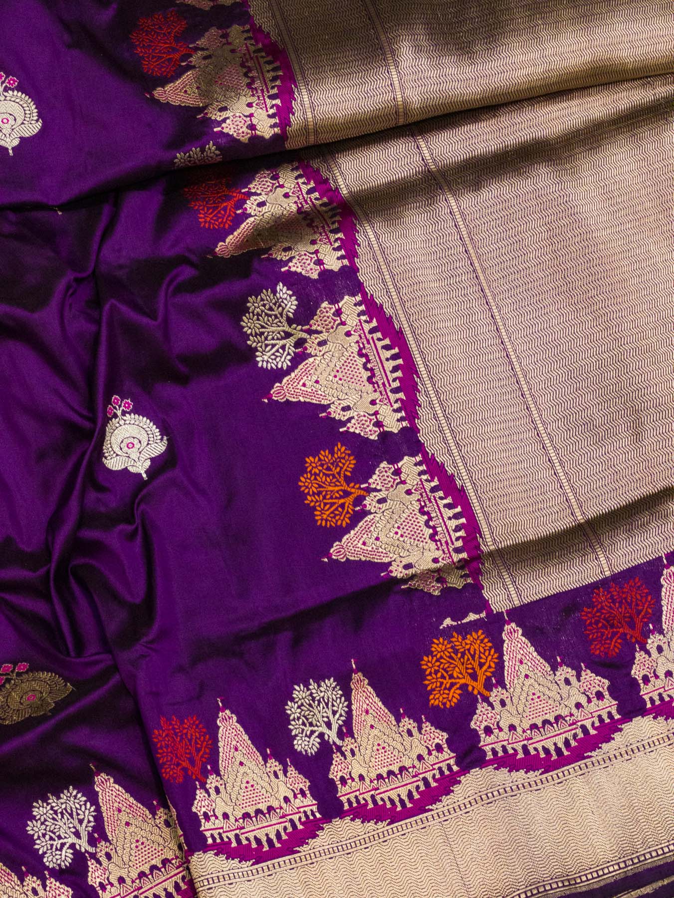 Magenta Purple Ayodhya Dham Handloom Pure Katan Silk Saree with Kadhwa Shri Ram Mandir Tilfi Meenakari Border
