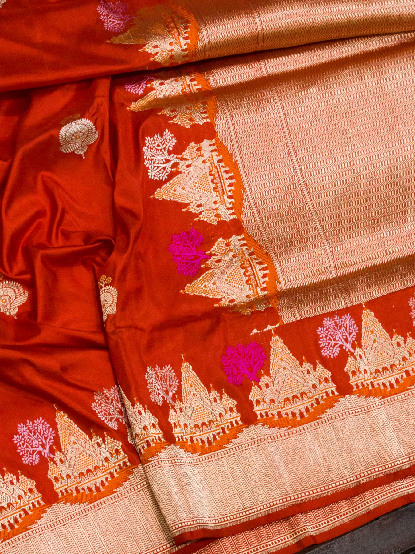 Bright Red Ayodhya Dham Handloom Pure Katan Silk Saree with Kadhwa Shri Ram Mandir Tilfi Meenakari Border