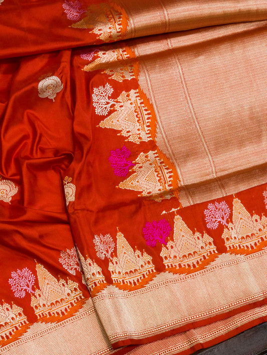 Bright Red Ayodhya Dham Handloom Pure Katan Silk Saree with Kadhwa Shri Ram Mandir Tilfi Meenakari Border