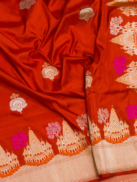 Bright Red Ayodhya Dham Handloom Pure Katan Silk Saree with Kadhwa Shri Ram Mandir Tilfi Meenakari Border