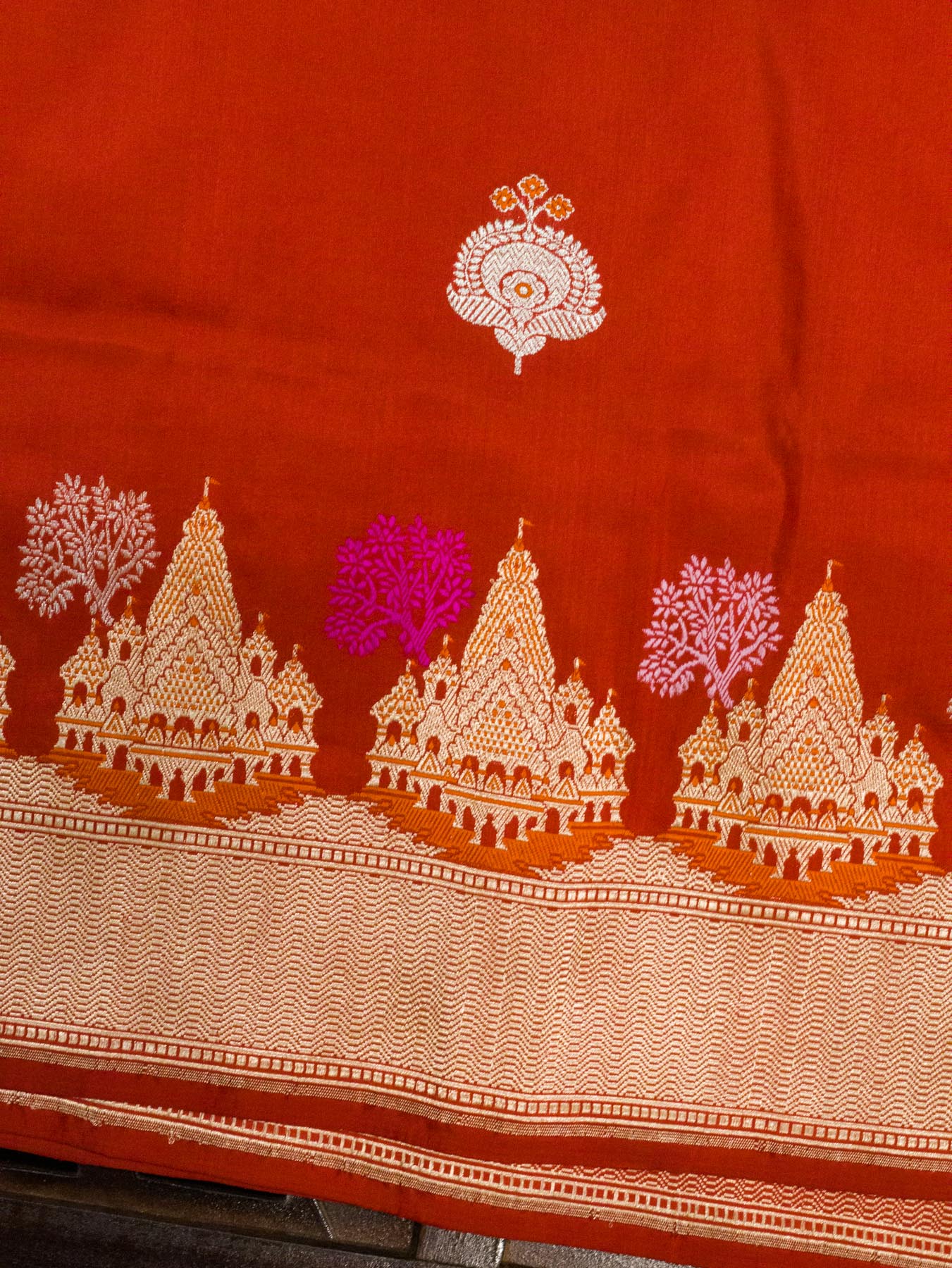 Bright Red Ayodhya Dham Handloom Pure Katan Silk Saree with Kadhwa Shri Ram Mandir Tilfi Meenakari Border