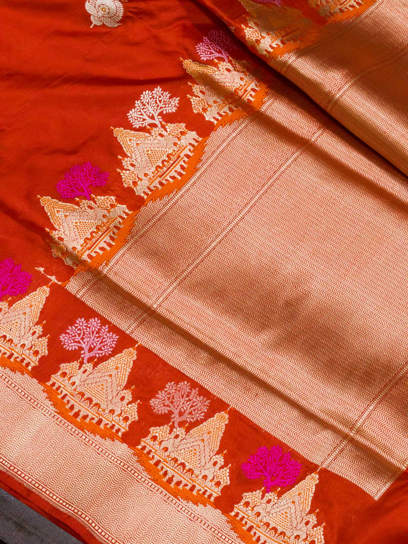 Bright Red Ayodhya Dham Handloom Pure Katan Silk Saree with Kadhwa Shri Ram Mandir Tilfi Meenakari Border