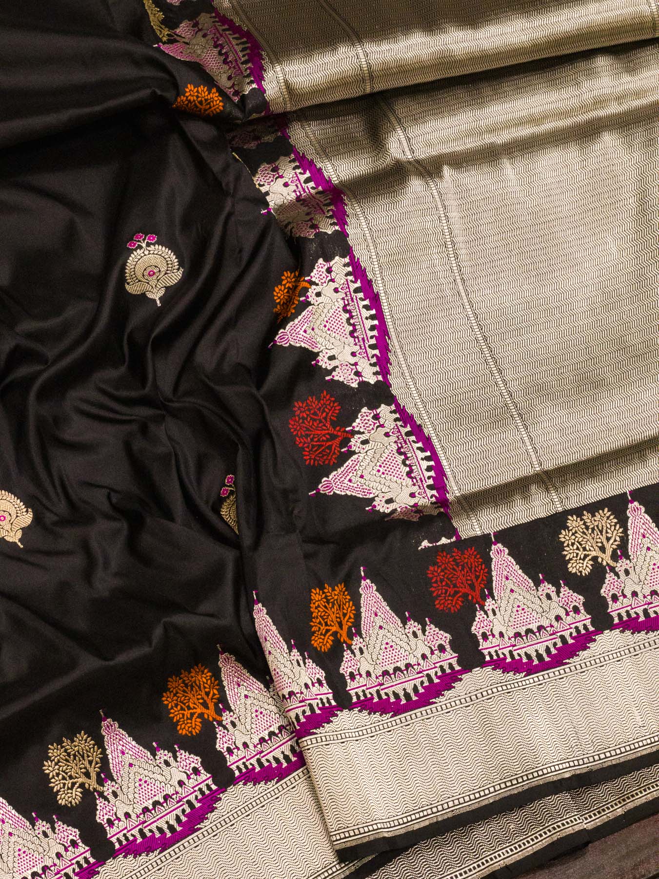 Midnight Black Ayodhya Dham Handloom Pure Katan Silk Saree with Kadhwa Shri Ram Mandir Tilfi Meenakari Border
