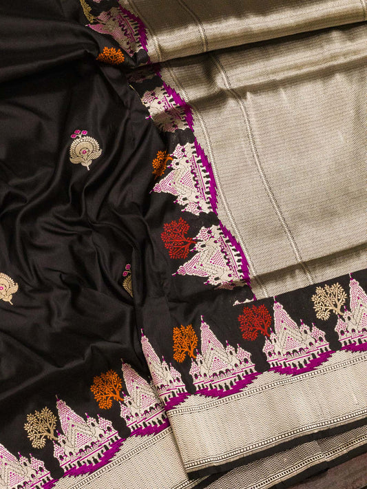 Midnight Black Ayodhya Dham Handloom Pure Katan Silk Saree with Kadhwa Shri Ram Mandir Tilfi Meenakari Border