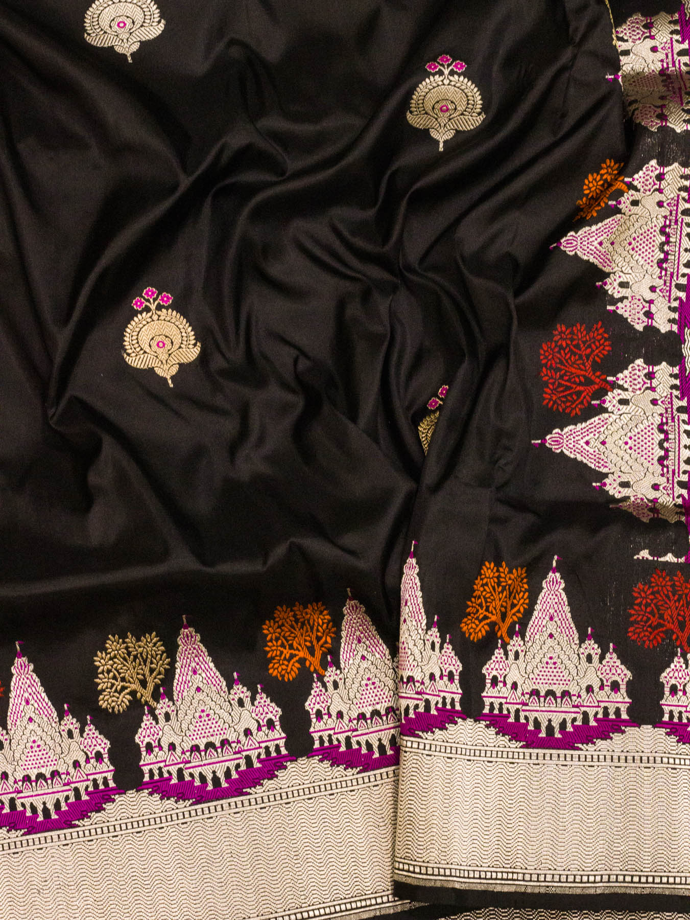 Midnight Black Ayodhya Dham Handloom Pure Katan Silk Saree with Kadhwa Shri Ram Mandir Tilfi Meenakari Border