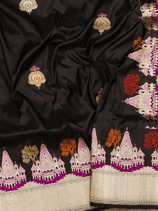 Midnight Black Ayodhya Dham Handloom Pure Katan Silk Saree with Kadhwa Shri Ram Mandir Tilfi Meenakari Border