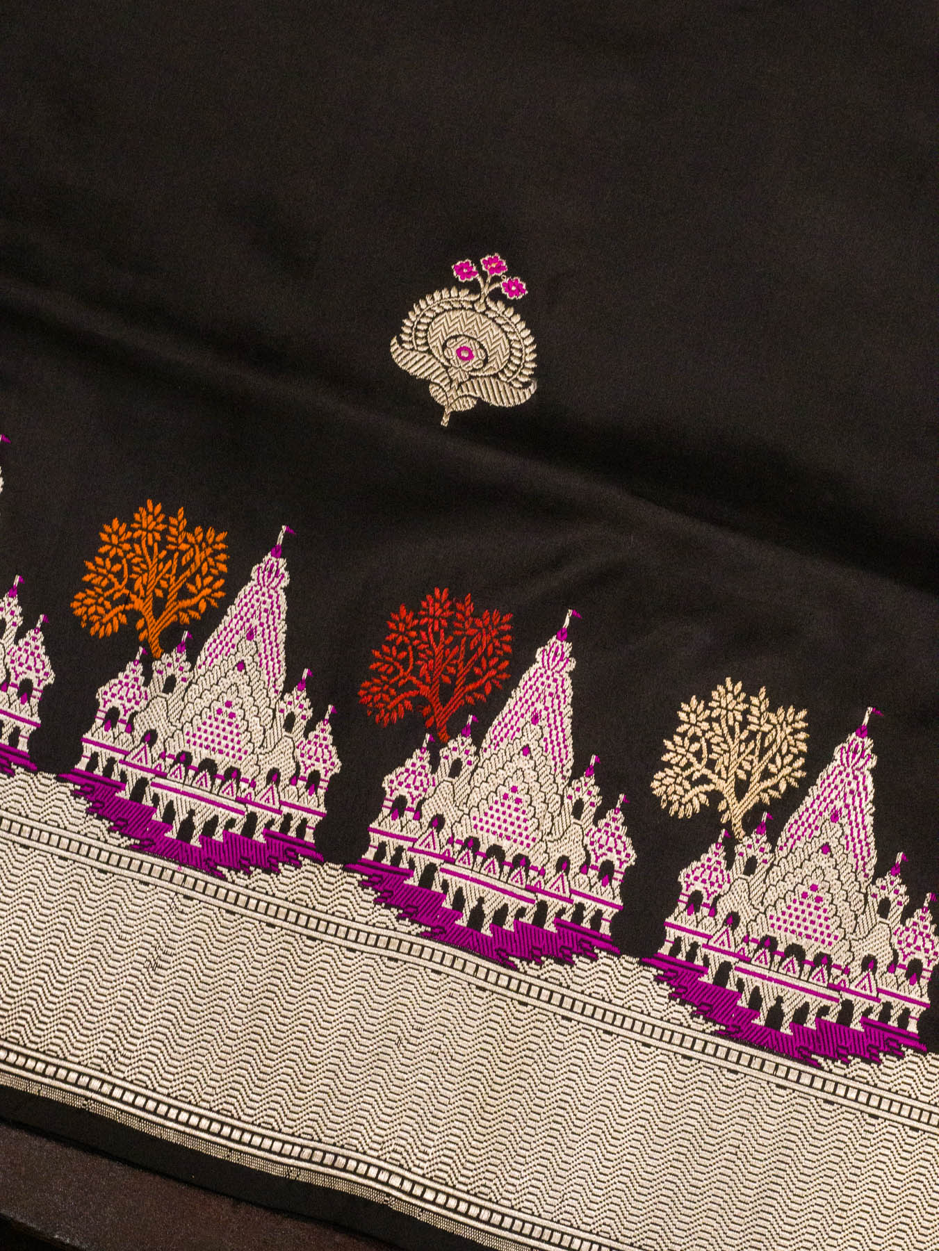 Midnight Black Ayodhya Dham Handloom Pure Katan Silk Saree with Kadhwa Shri Ram Mandir Tilfi Meenakari Border
