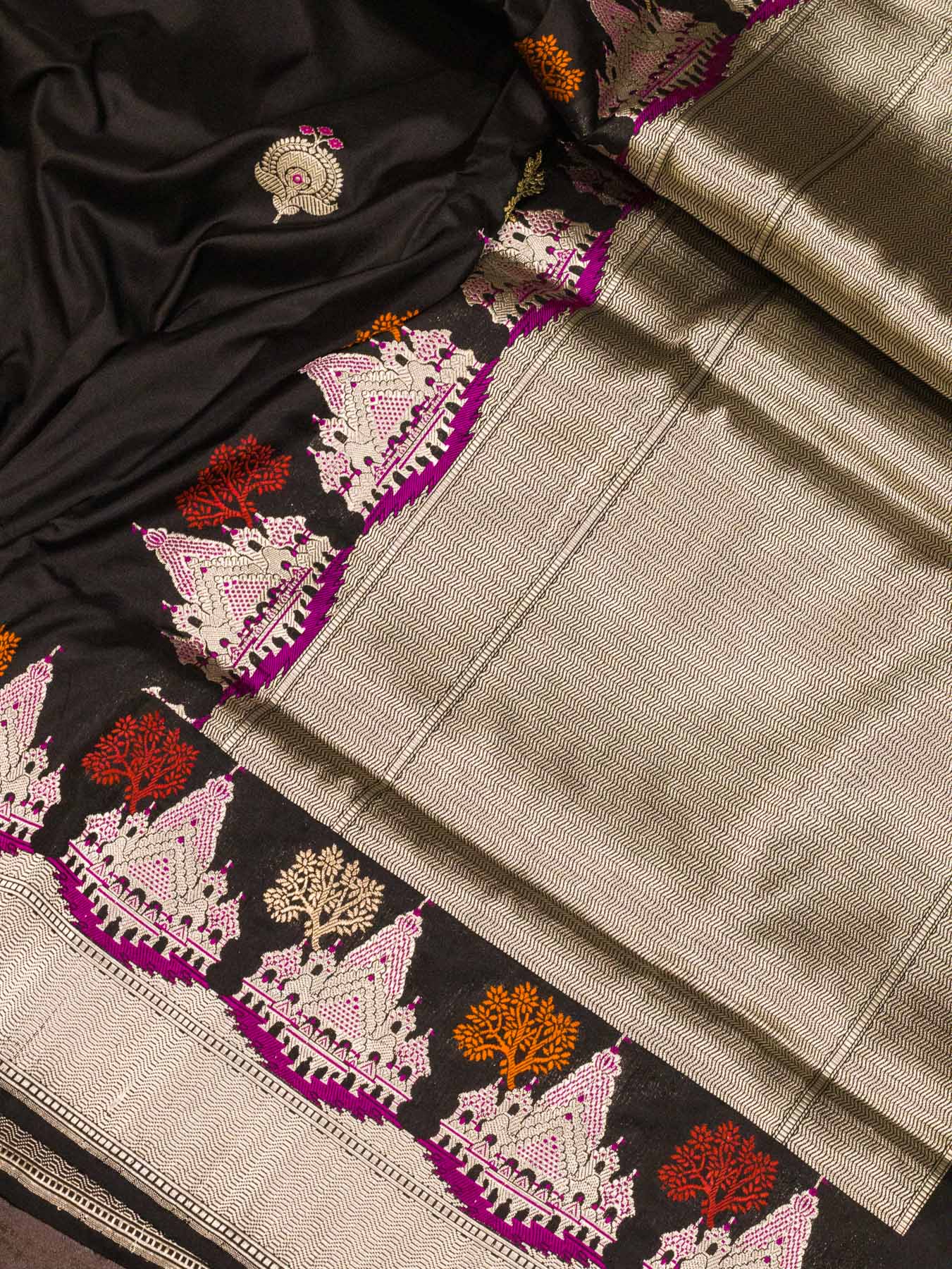 Midnight Black Ayodhya Dham Handloom Pure Katan Silk Saree with Kadhwa Shri Ram Mandir Tilfi Meenakari Border