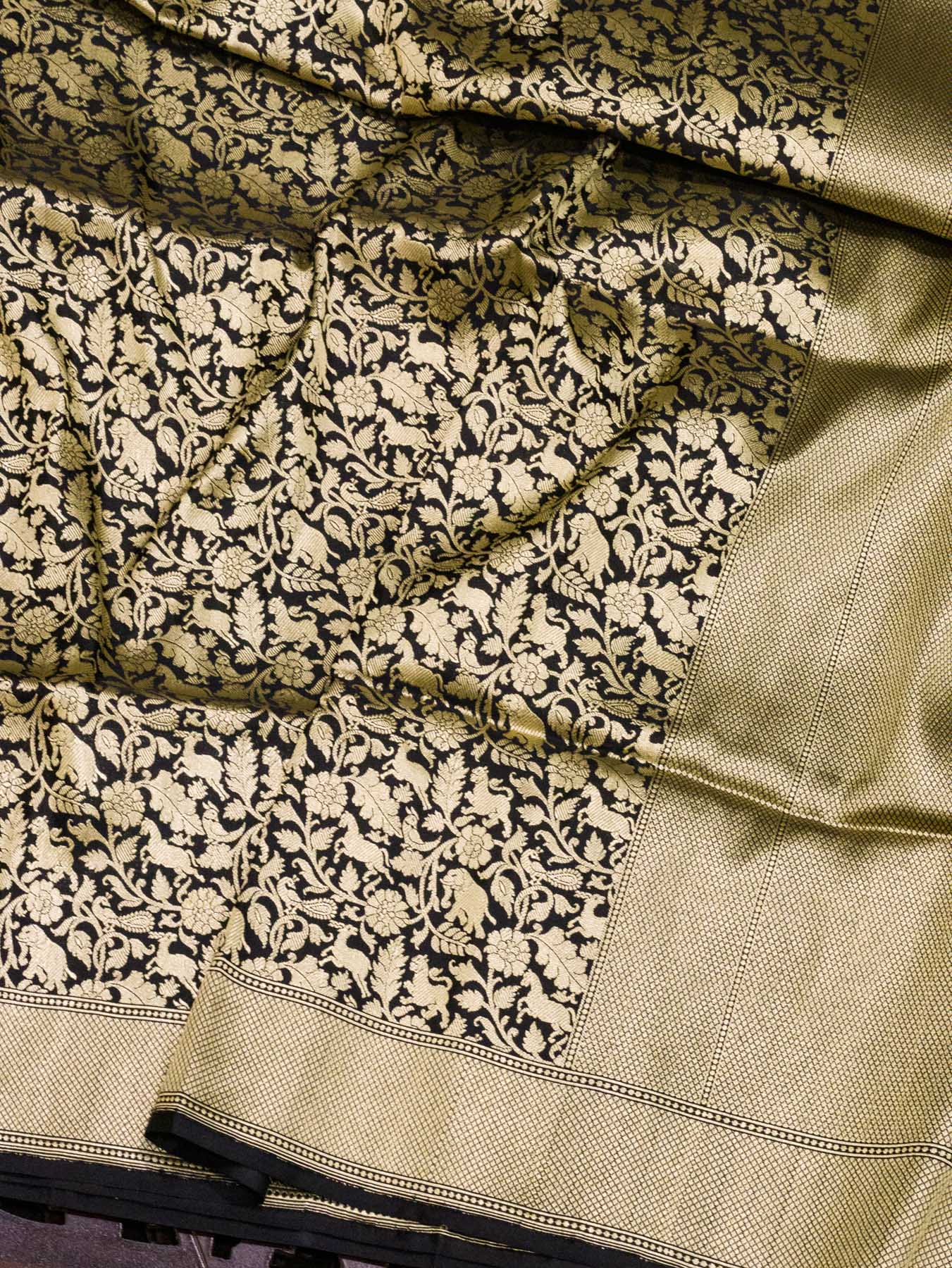 Black Shikargah Pure Katan Silk Handloom Saree Zari Brocade