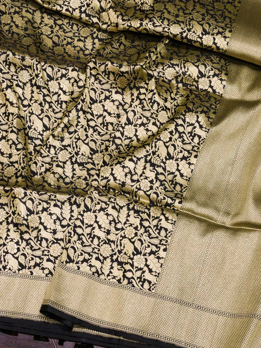 Black Shikargah Pure Katan Silk Handloom Saree Zari Brocade