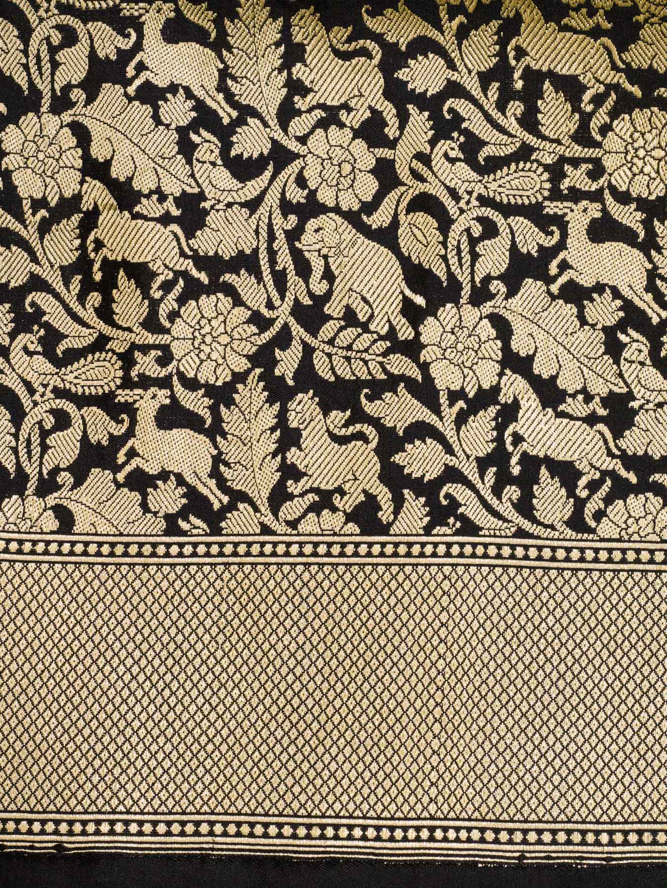 Black Shikargah Pure Katan Silk Handloom Saree Zari Brocade