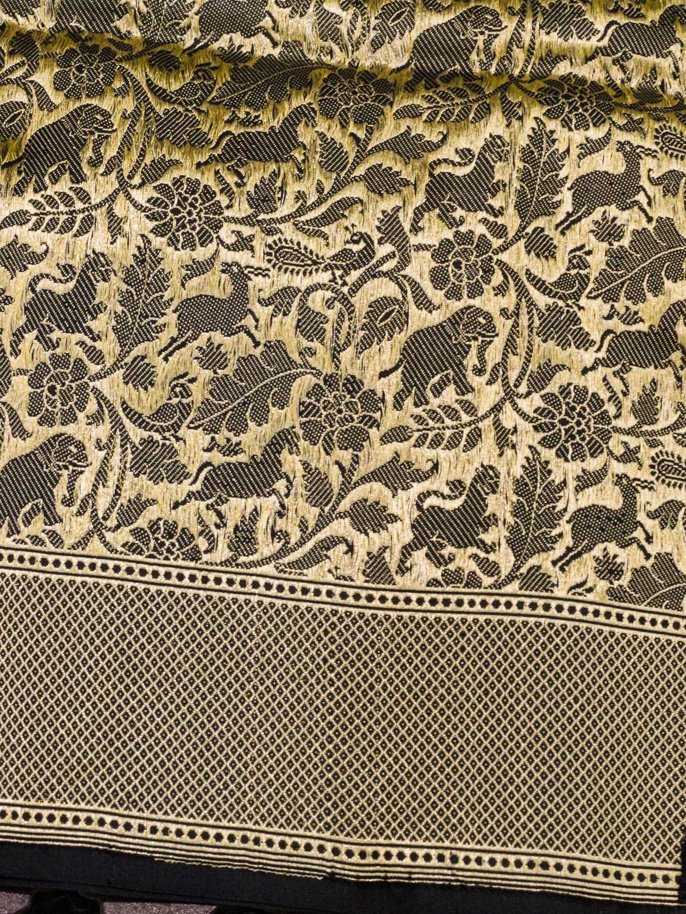 Black Shikargah Pure Katan Silk Handloom Saree Zari Brocade
