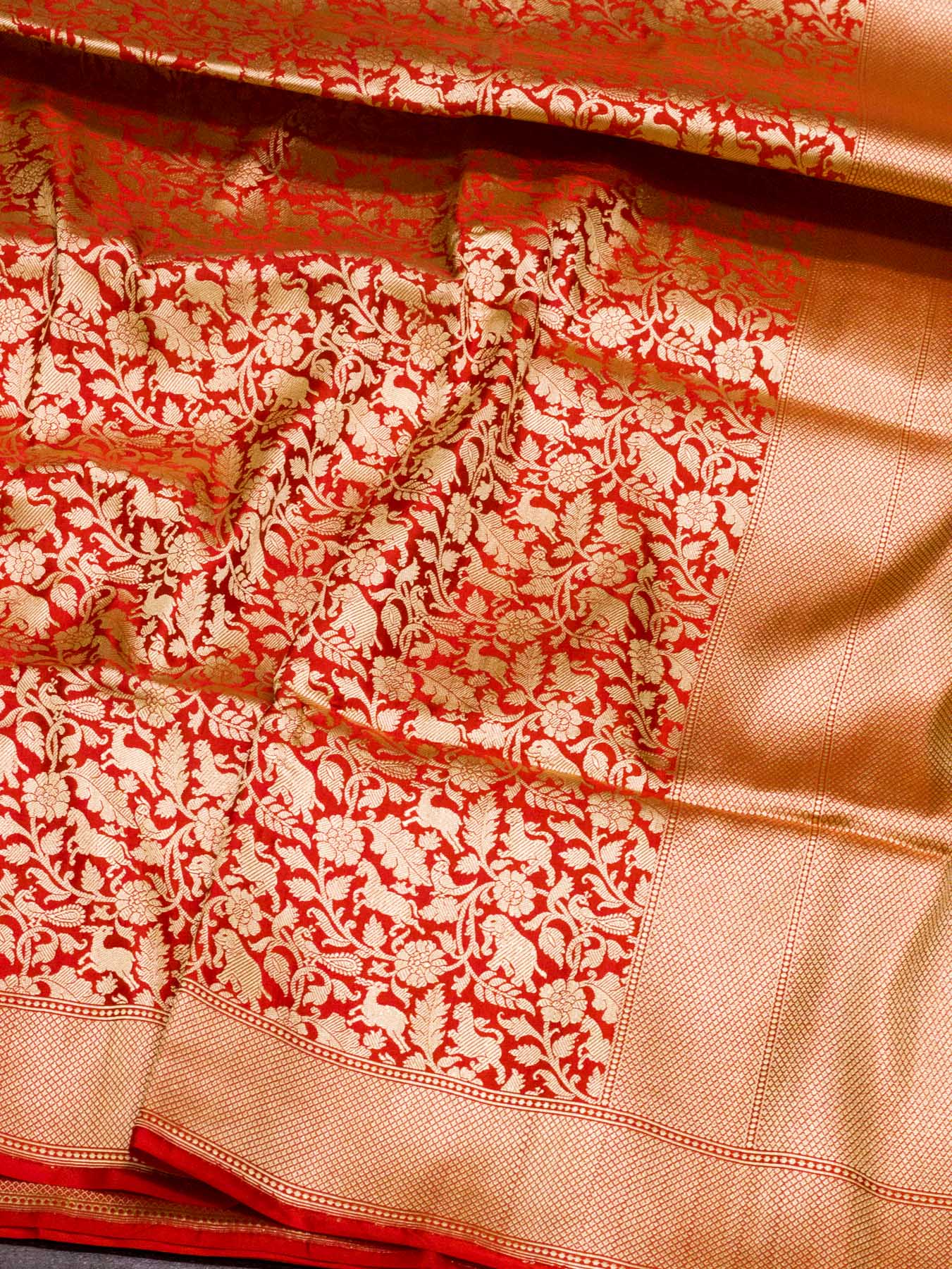 Bright Red Shikargah Pure Katan Silk Handloom Saree Zari Brocade
