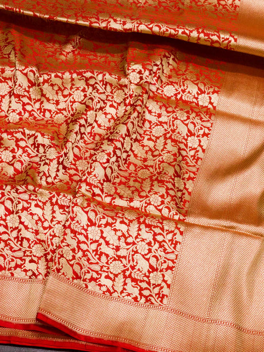 Bright Red Shikargah Pure Katan Silk Handloom Saree Zari Brocade